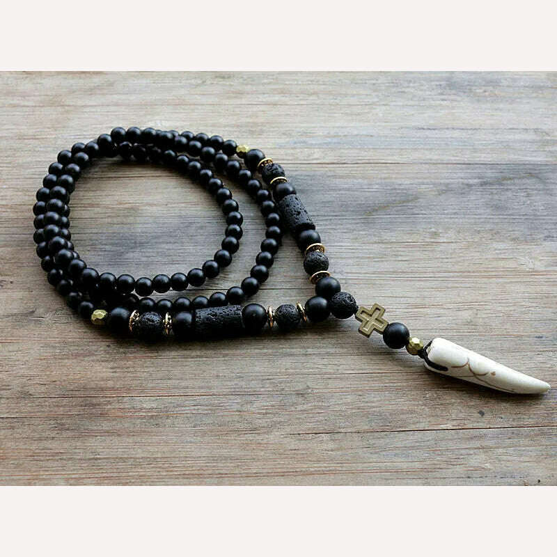 KIMLUD, New Design Black BLava Stones Bead with Hematite cross charm pendant necklace Men's Bead Necklace, KIMLUD Womens Clothes