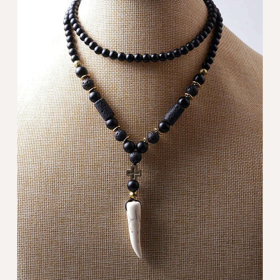 KIMLUD, New Design Black BLava Stones Bead with Hematite cross charm pendant necklace Men's Bead Necklace, KIMLUD Womens Clothes