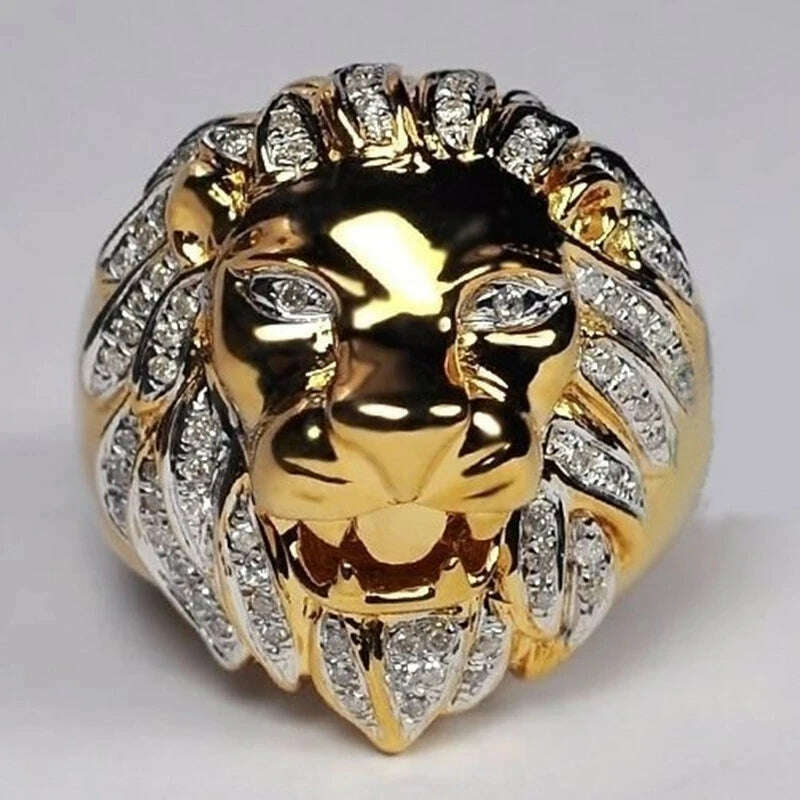 KIMLUD, New Design Men Ring Lion Head Alloy Mosaic Crystal Engagement Wedding Gift Finger Fashion Jewelry Rings, Gold / 6, KIMLUD APPAREL - Womens Clothes