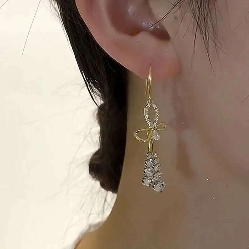 New Exquisite Bow Studded Zirconia Tassel Earrings for Women Luxurious Stylish Prom Accessories Party Jewelry Anniversary Gifts - KIMLUD