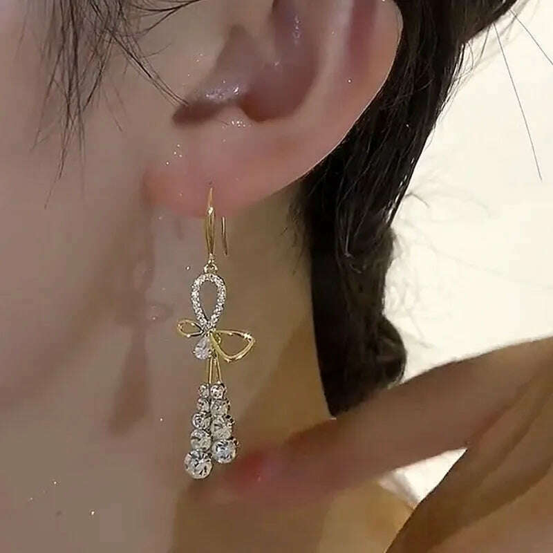 New Exquisite Bow Studded Zirconia Tassel Earrings for Women Luxurious Stylish Prom Accessories Party Jewelry Anniversary Gifts - KIMLUD