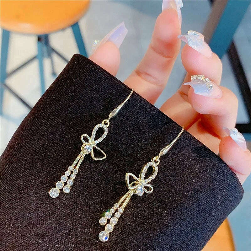 New Exquisite Bow Studded Zirconia Tassel Earrings for Women Luxurious Stylish Prom Accessories Party Jewelry Anniversary Gifts - KIMLUD