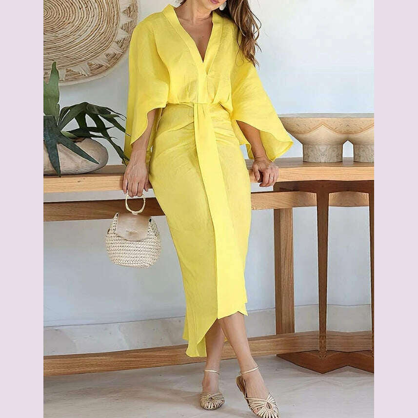 KIMLUD, New Fashion for Women 2024 Dress Summer Solid Color Asymmetrical Design Plunge Batwing Sleeve Draped Daily Vacation Midi Dress, A / S, KIMLUD APPAREL - Womens Clothes