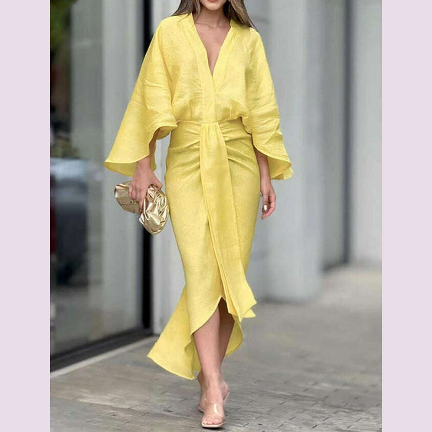 KIMLUD, New Fashion for Women 2024 Dress Summer Solid Color Asymmetrical Design Plunge Batwing Sleeve Draped Daily Vacation Midi Dress, KIMLUD Womens Clothes