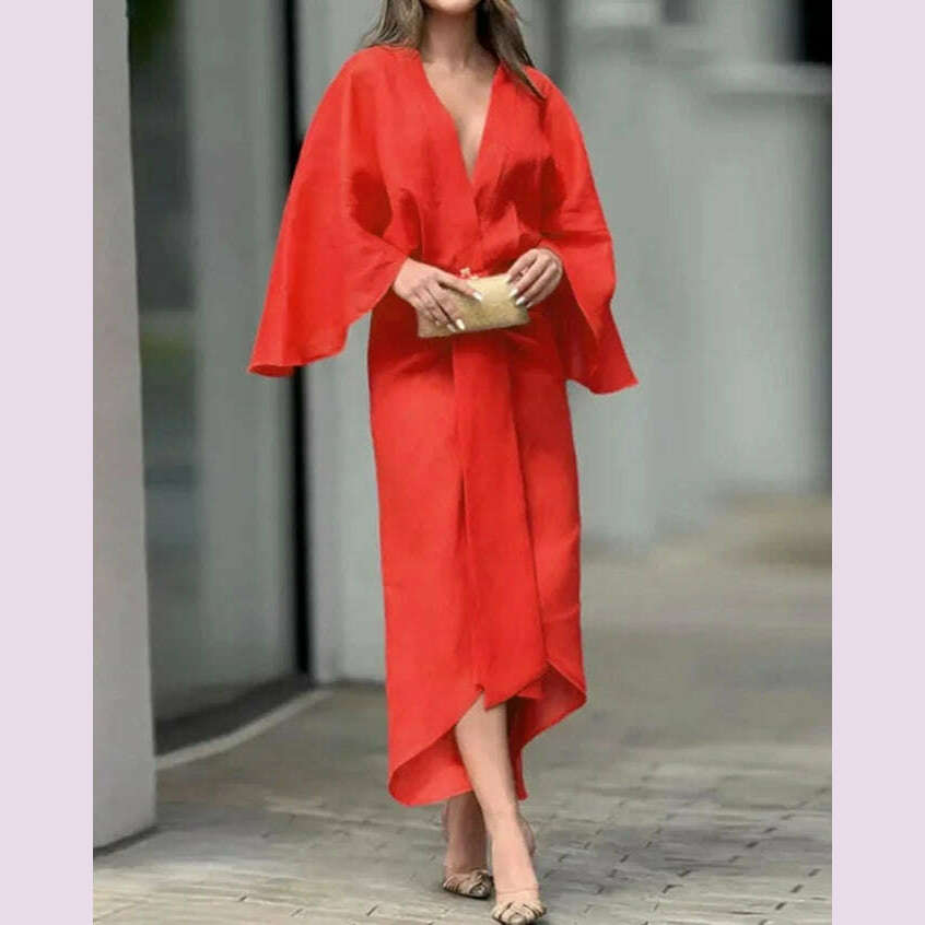 KIMLUD, New Fashion for Women 2024 Dress Summer Solid Color Asymmetrical Design Plunge Batwing Sleeve Draped Daily Vacation Midi Dress, KIMLUD Womens Clothes