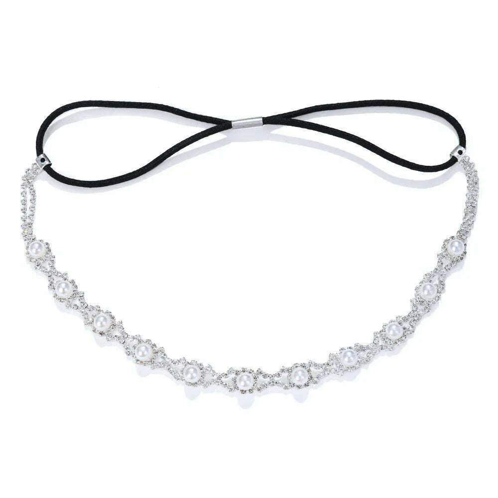 KIMLUD, New Fashion Women Elastic Rhinestone Headband Women Wedding Bridal Hair Chain Pearl Crystal Hair Band Head Chain Accessories, KIMLUD Womens Clothes