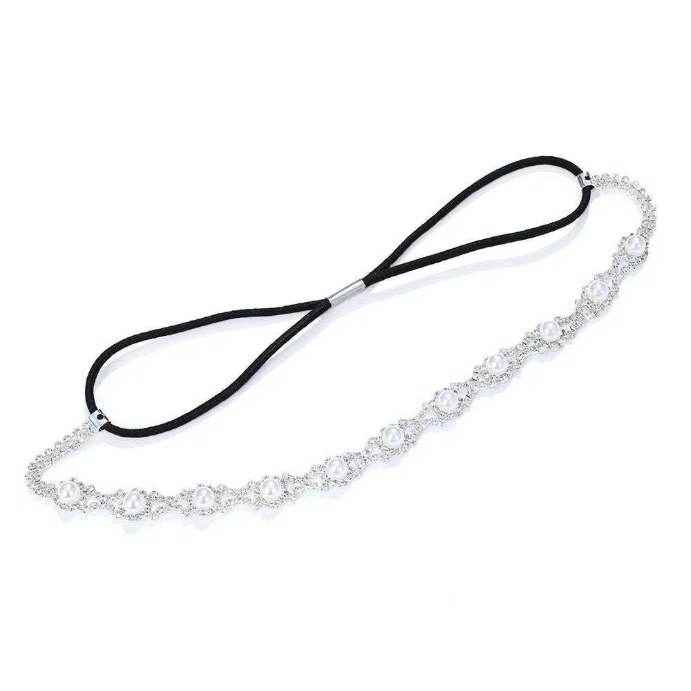 KIMLUD, New Fashion Women Elastic Rhinestone Headband Women Wedding Bridal Hair Chain Pearl Crystal Hair Band Head Chain Accessories, KIMLUD Womens Clothes