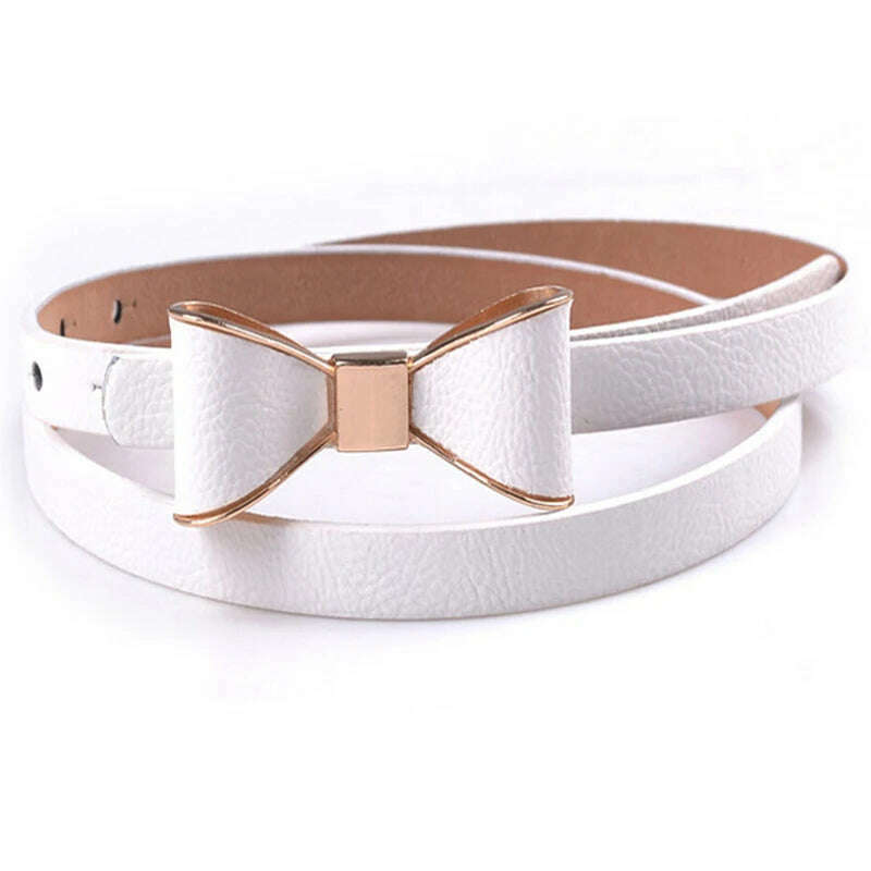 KIMLUD, New Fashion Women Girl Cute Sweet Candy Colors Bowknot PU Leather Thin Skinny Waistband Belt For Dress Hot Drop Shipping, KIMLUD Womens Clothes