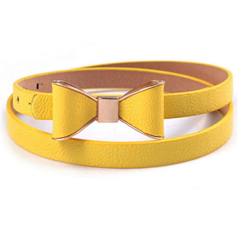 KIMLUD, New Fashion Women Girl Cute Sweet Candy Colors Bowknot PU Leather Thin Skinny Waistband Belt For Dress Hot Drop Shipping, yellow / CHINA / 1pc, KIMLUD APPAREL - Womens Clothes