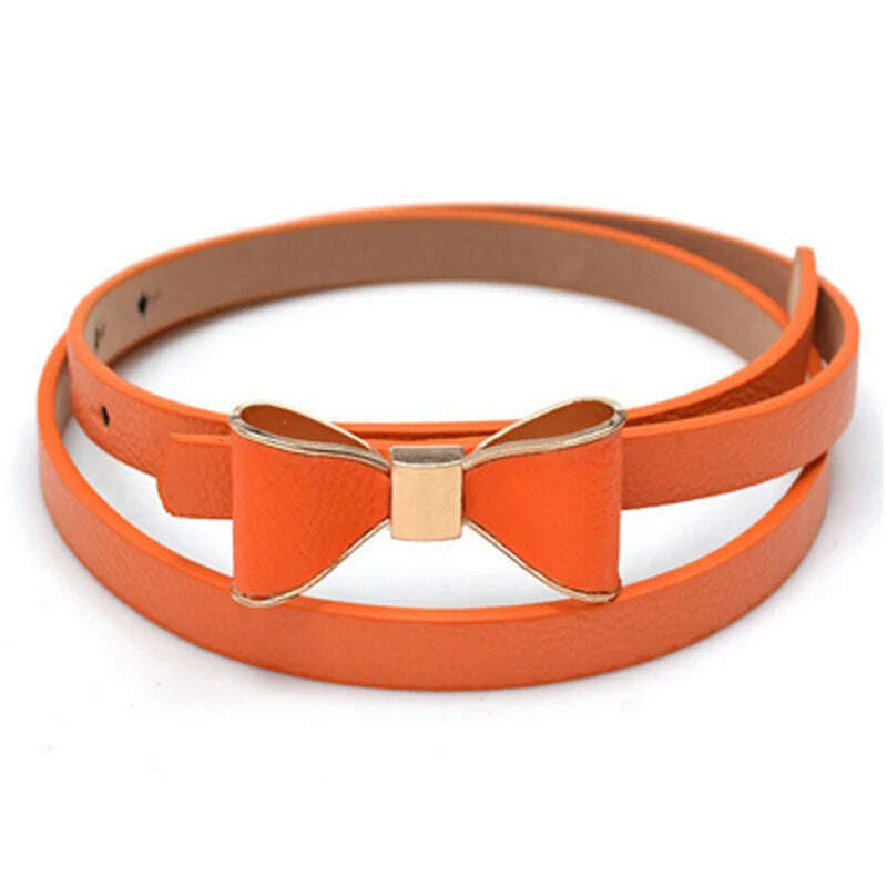 KIMLUD, New Fashion Women Girl Cute Sweet Candy Colors Bowknot PU Leather Thin Skinny Waistband Belt For Dress Hot Drop Shipping, orange / CHINA / 1pc, KIMLUD APPAREL - Womens Clothes