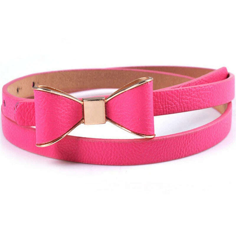 KIMLUD, New Fashion Women Girl Cute Sweet Candy Colors Bowknot PU Leather Thin Skinny Waistband Belt For Dress Hot Drop Shipping, rose red / CHINA / 1pc, KIMLUD APPAREL - Womens Clothes