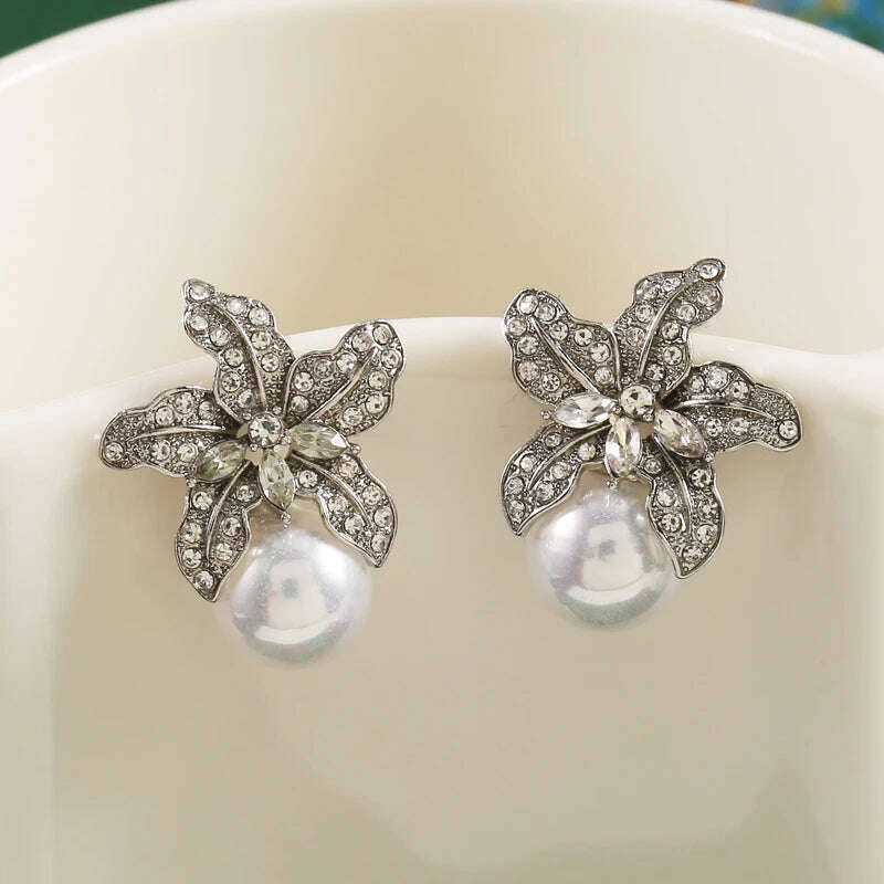 KIMLUD, New Fashion Women's Light Luxury Temperament Metal Flower Shaped Craftsmanship Imitation Pearl Earrings Personalize, KIMLUD Womens Clothes