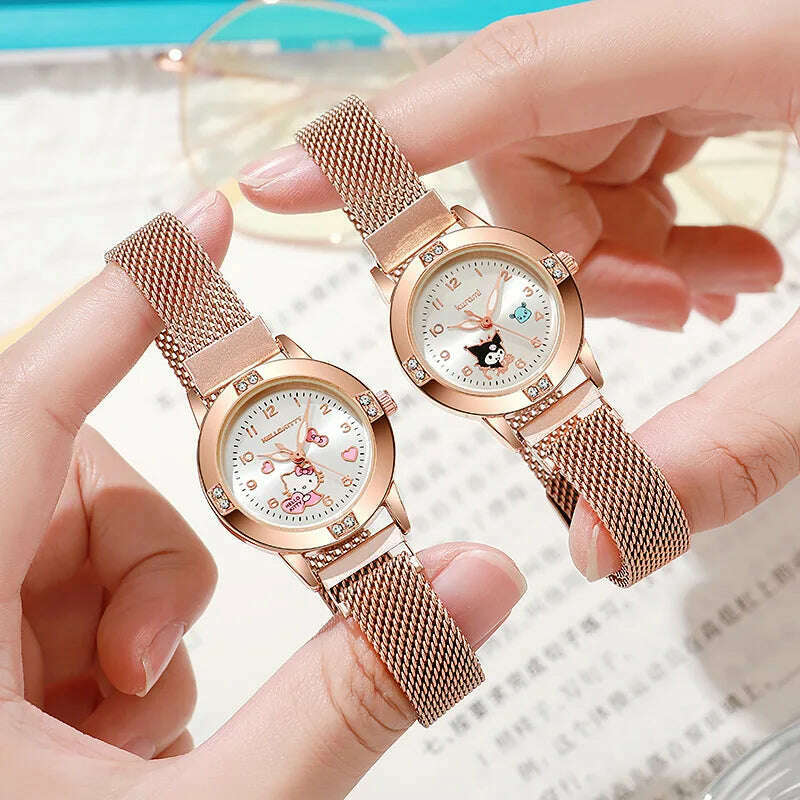 KIMLUD, New Hello Kitty Diamond Watches Women Cat Bow Kawaii Pink Ladies Gold Sliver Metal Jewelry Cartoon Magnetic Watch Girls, KIMLUD Womens Clothes