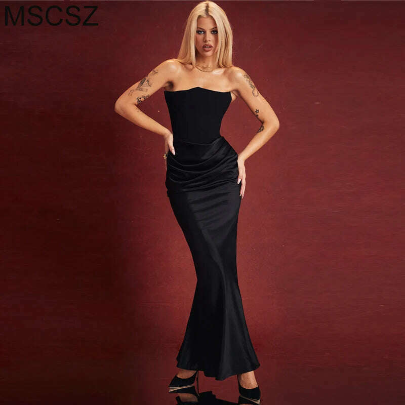 KIMLUD, New In Black Corset Evening Dress Women Strapless Satin Long Dress Backless Draped Maxi Dress Elegant Gowns, KIMLUD Womens Clothes