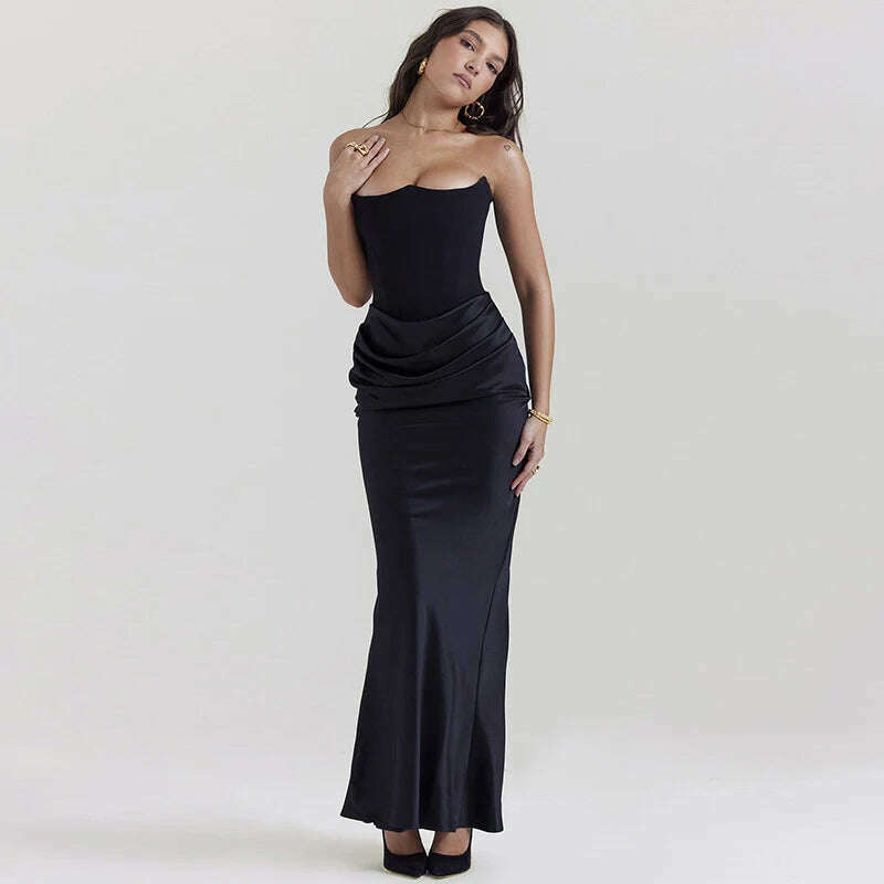 New In Black Corset Evening Dress Women Strapless Satin Long Dress Backless Draped Maxi Dress Elegant Gowns - KIMLUD