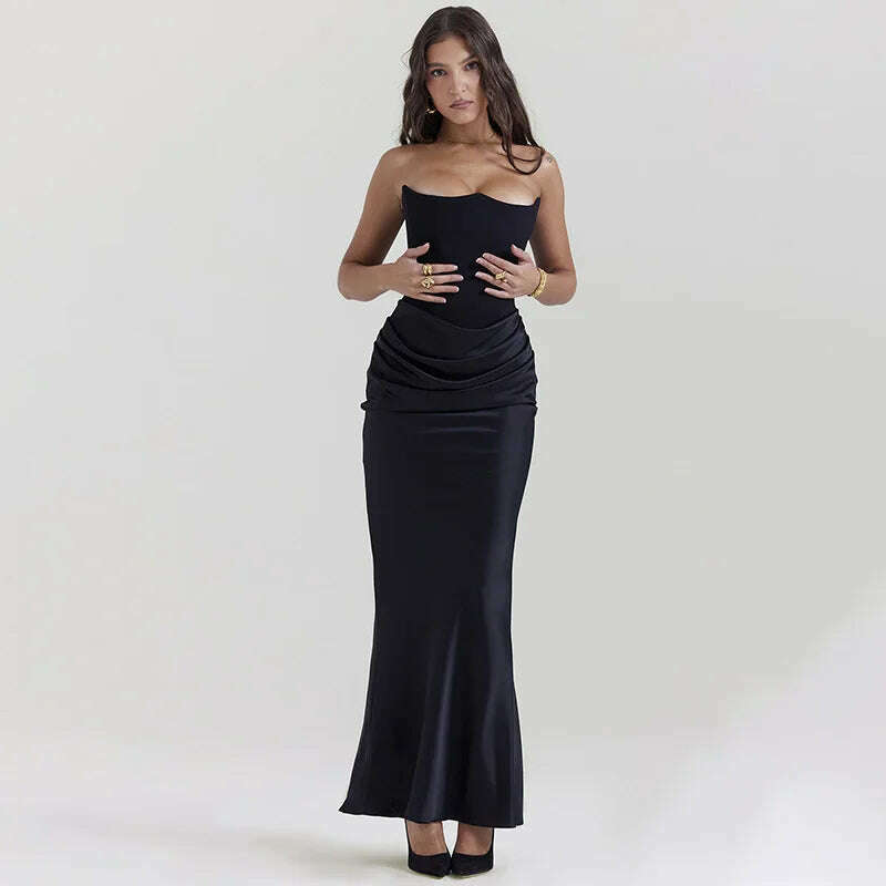 New In Black Corset Evening Dress Women Strapless Satin Long Dress Backless Draped Maxi Dress Elegant Gowns - KIMLUD