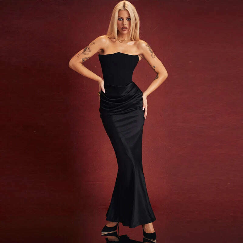 New In Black Corset Evening Dress Women Strapless Satin Long Dress Backless Draped Maxi Dress Elegant Gowns - KIMLUD