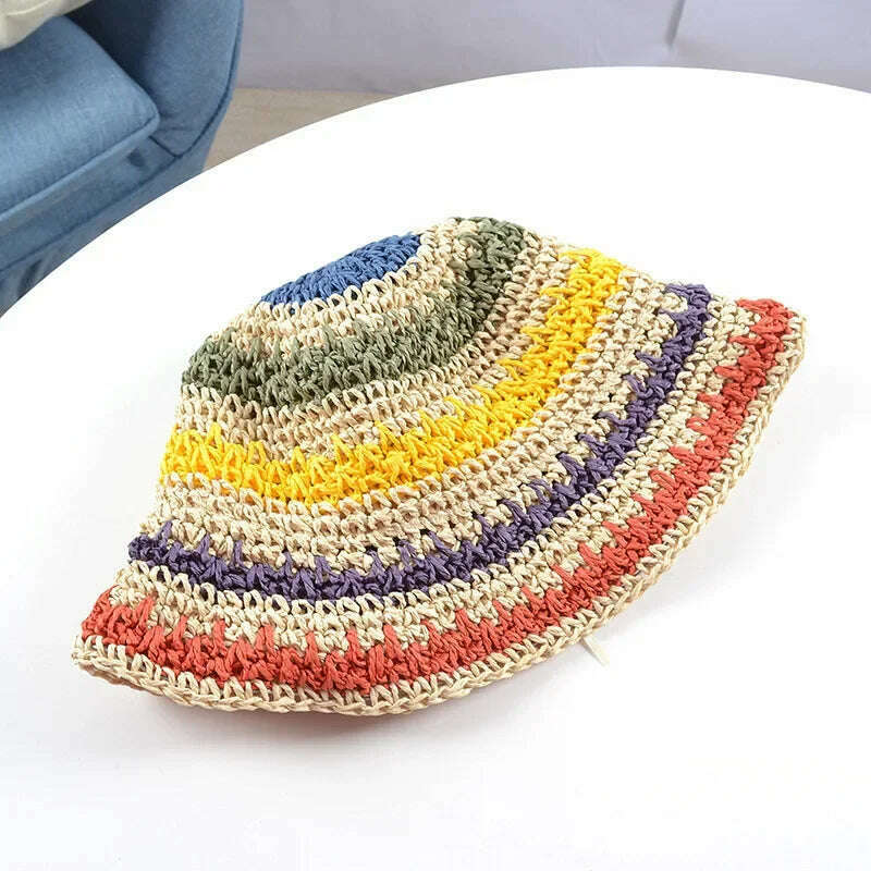 KIMLUD, New Korean Style Multicolor Foldable Sun Crochet Hat For Beach, Travel And Vacation handmade straw hat, KIMLUD Womens Clothes