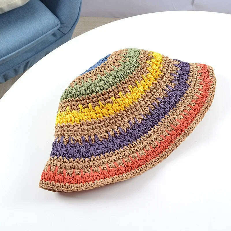 KIMLUD, New Korean Style Multicolor Foldable Sun Crochet Hat For Beach, Travel And Vacation handmade straw hat, KIMLUD Womens Clothes