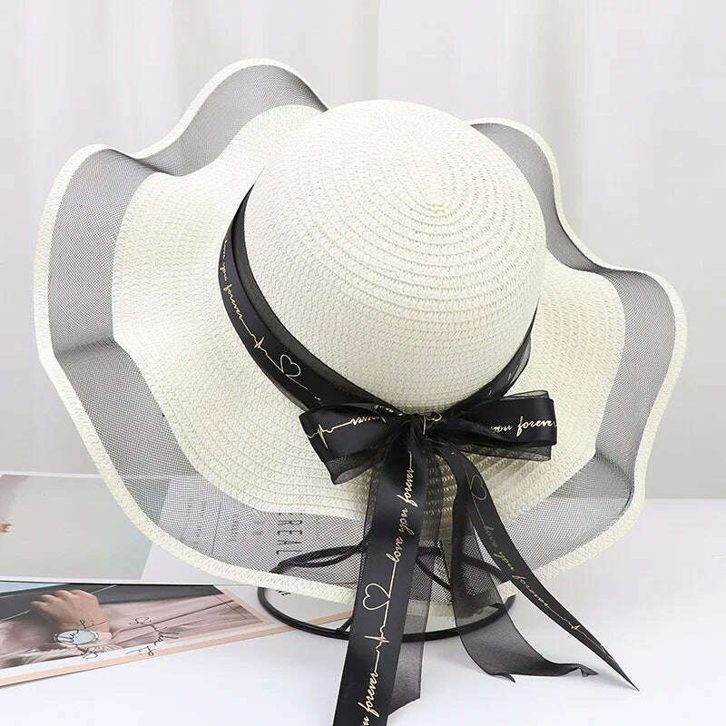 KIMLUD, New Korean Style Women's Straw Bow Ribbon Big Brim Shade Ins Celebrity Outing Fashion Beach Vacation Ruffled Dome Straw Hat, 07 / 55-58CM, KIMLUD APPAREL - Womens Clothes