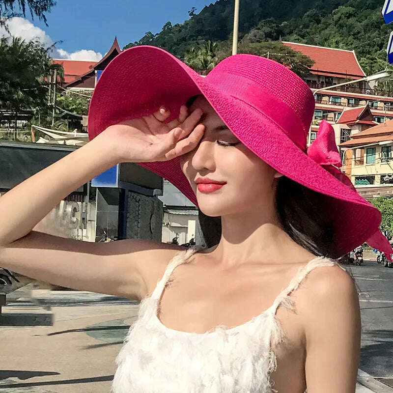 KIMLUD, New Korean Style Women's Straw Bow Ribbon Big Brim Shade Ins Celebrity Outing Fashion Beach Vacation Ruffled Dome Straw Hat, 10 / 55-58CM, KIMLUD APPAREL - Womens Clothes