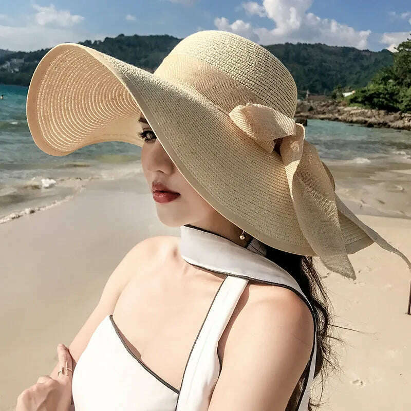 KIMLUD, New Korean Style Women's Straw Bow Ribbon Big Brim Shade Ins Celebrity Outing Fashion Beach Vacation Ruffled Dome Straw Hat, 09 / 55-58CM, KIMLUD APPAREL - Womens Clothes