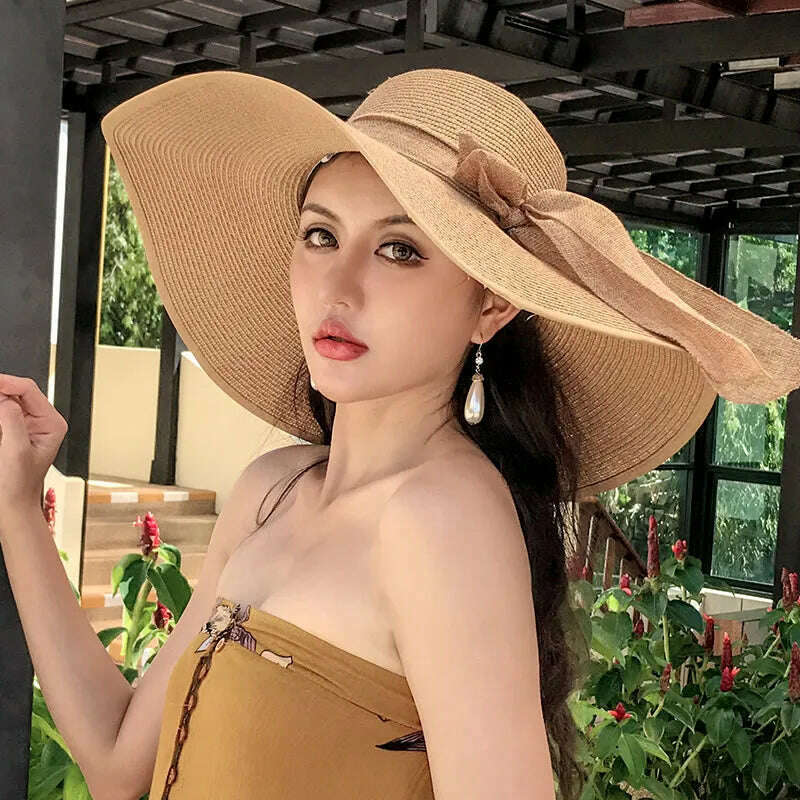 KIMLUD, New Korean Style Women's Straw Bow Ribbon Big Brim Shade Ins Celebrity Outing Fashion Beach Vacation Ruffled Dome Straw Hat, 17 / 55-58CM, KIMLUD APPAREL - Womens Clothes