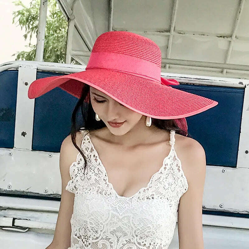 KIMLUD, New Korean Style Women's Straw Bow Ribbon Big Brim Shade Ins Celebrity Outing Fashion Beach Vacation Ruffled Dome Straw Hat, 19 / 55-58CM, KIMLUD APPAREL - Womens Clothes