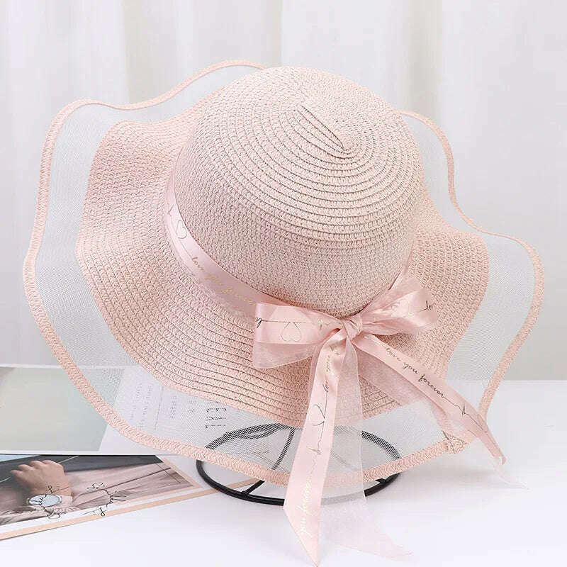 KIMLUD, New Korean Style Women's Straw Bow Ribbon Big Brim Shade Ins Celebrity Outing Fashion Beach Vacation Ruffled Dome Straw Hat, 04 / 55-58CM, KIMLUD APPAREL - Womens Clothes