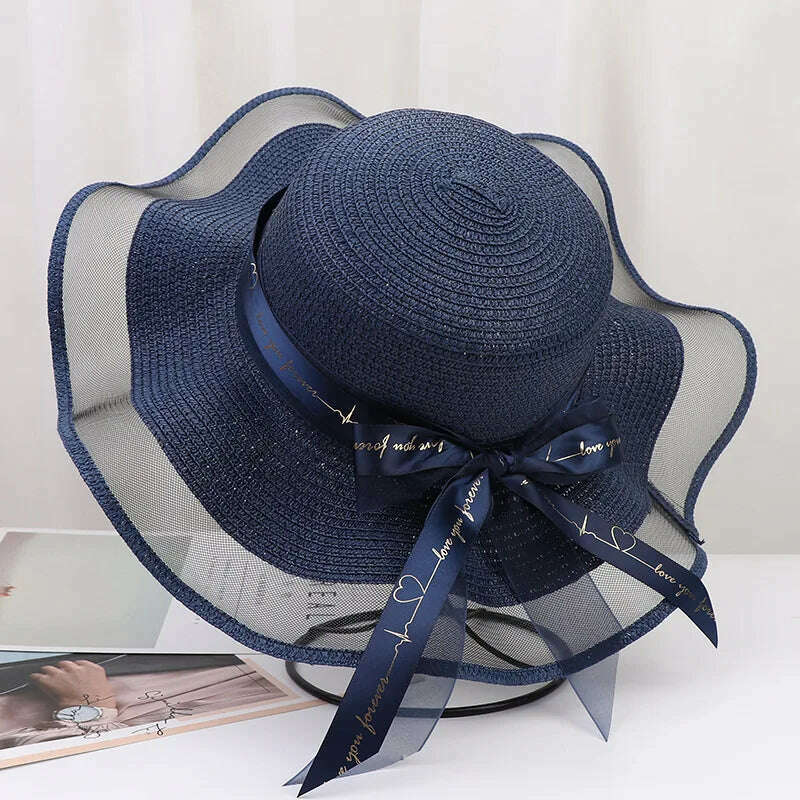 KIMLUD, New Korean Style Women's Straw Bow Ribbon Big Brim Shade Ins Celebrity Outing Fashion Beach Vacation Ruffled Dome Straw Hat, 03 / 55-58CM, KIMLUD APPAREL - Womens Clothes