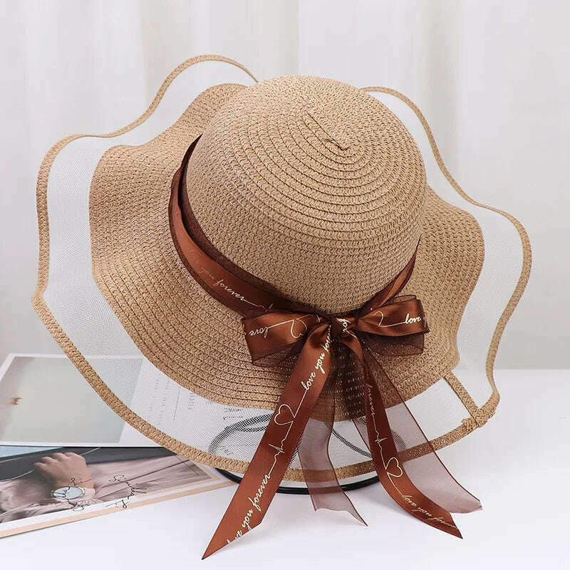 KIMLUD, New Korean Style Women's Straw Bow Ribbon Big Brim Shade Ins Celebrity Outing Fashion Beach Vacation Ruffled Dome Straw Hat, 05 / 55-58CM, KIMLUD APPAREL - Womens Clothes