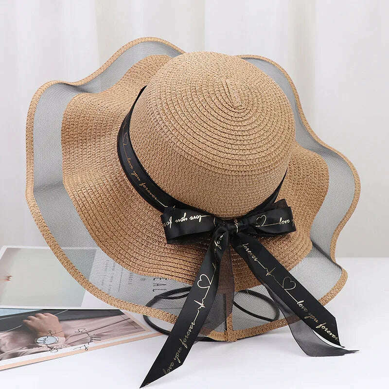 KIMLUD, New Korean Style Women's Straw Bow Ribbon Big Brim Shade Ins Celebrity Outing Fashion Beach Vacation Ruffled Dome Straw Hat, 02 / 55-58CM, KIMLUD APPAREL - Womens Clothes