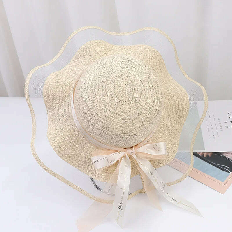 KIMLUD, New Korean Style Women's Straw Bow Ribbon Big Brim Shade Ins Celebrity Outing Fashion Beach Vacation Ruffled Dome Straw Hat, 01 / 55-58CM, KIMLUD APPAREL - Womens Clothes