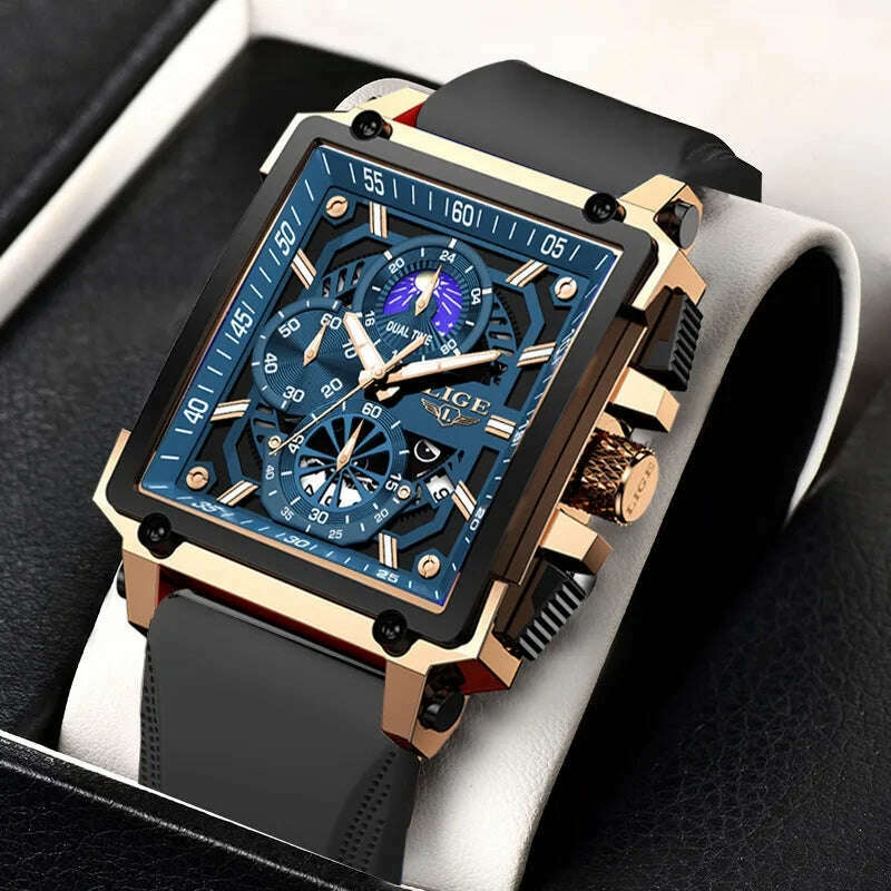 KIMLUD, New LIGE Mens Watches Top Brand Luxury Hollow Square Sport Watch For Men Fashion Silicone Strap Waterproof Quartz WristWatch+Box, KIMLUD Womens Clothes