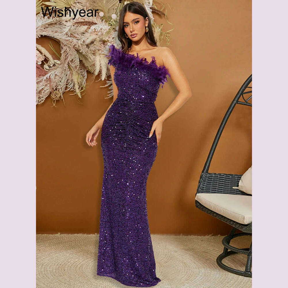 New Luxury Sequined Feather One Shoulder Sleeveless Slanted Collar Backless Purple Long Dress Women Birthday Party Event Gowns - KIMLUD