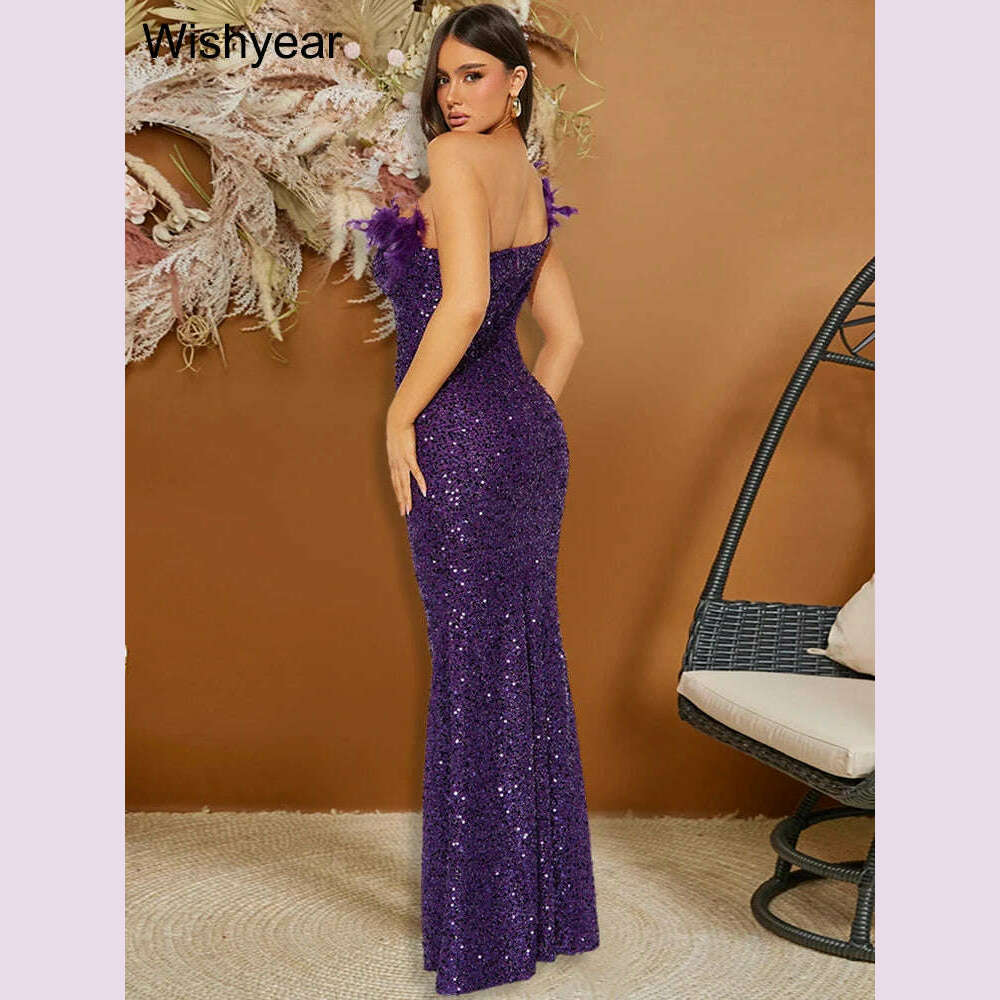 KIMLUD, New Luxury Sequined Feather One Shoulder Sleeveless Slanted Collar Backless Purple Long Dress  Women Birthday Party Event Gowns, KIMLUD Womens Clothes