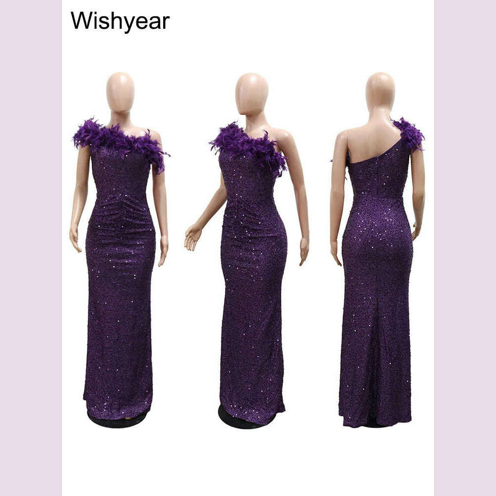 KIMLUD, New Luxury Sequined Feather One Shoulder Sleeveless Slanted Collar Backless Purple Long Dress  Women Birthday Party Event Gowns, KIMLUD Womens Clothes