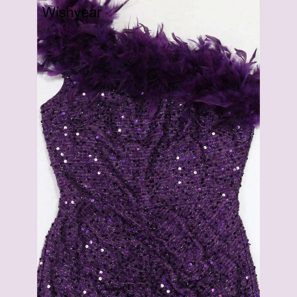 KIMLUD, New Luxury Sequined Feather One Shoulder Sleeveless Slanted Collar Backless Purple Long Dress  Women Birthday Party Event Gowns, KIMLUD Womens Clothes