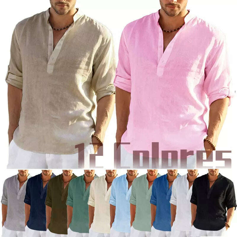 New Men's Linen Long Sleeve T-Shirt Solid Color Loose Casual Shirt Long Sleeve Cotton Linen Shirt - KIMLUD