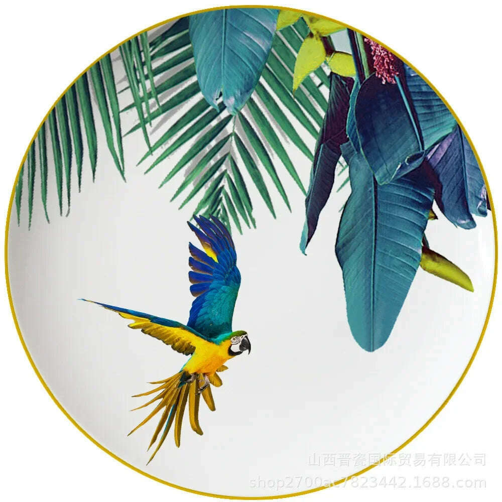 KIMLUD, New Parrot Bone China Tableware Set Pastoral Phnom Penh Western Food Plate Household Bowl Coffee Cup Pratos Para Jantar Kitchen., 10.5 inches, KIMLUD APPAREL - Womens Clothes