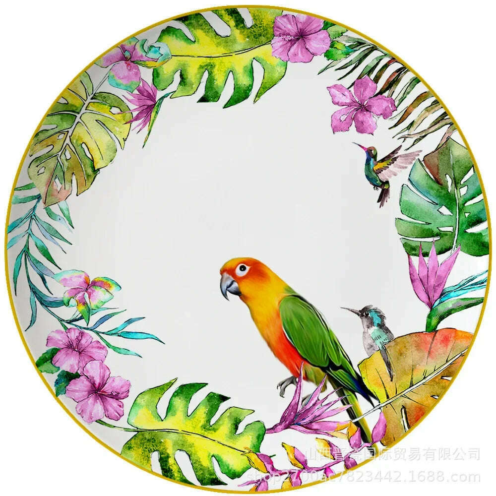 KIMLUD, New Parrot Bone China Tableware Set Pastoral Phnom Penh Western Food Plate Household Bowl Coffee Cup Pratos Para Jantar Kitchen., 8-inch, KIMLUD APPAREL - Womens Clothes