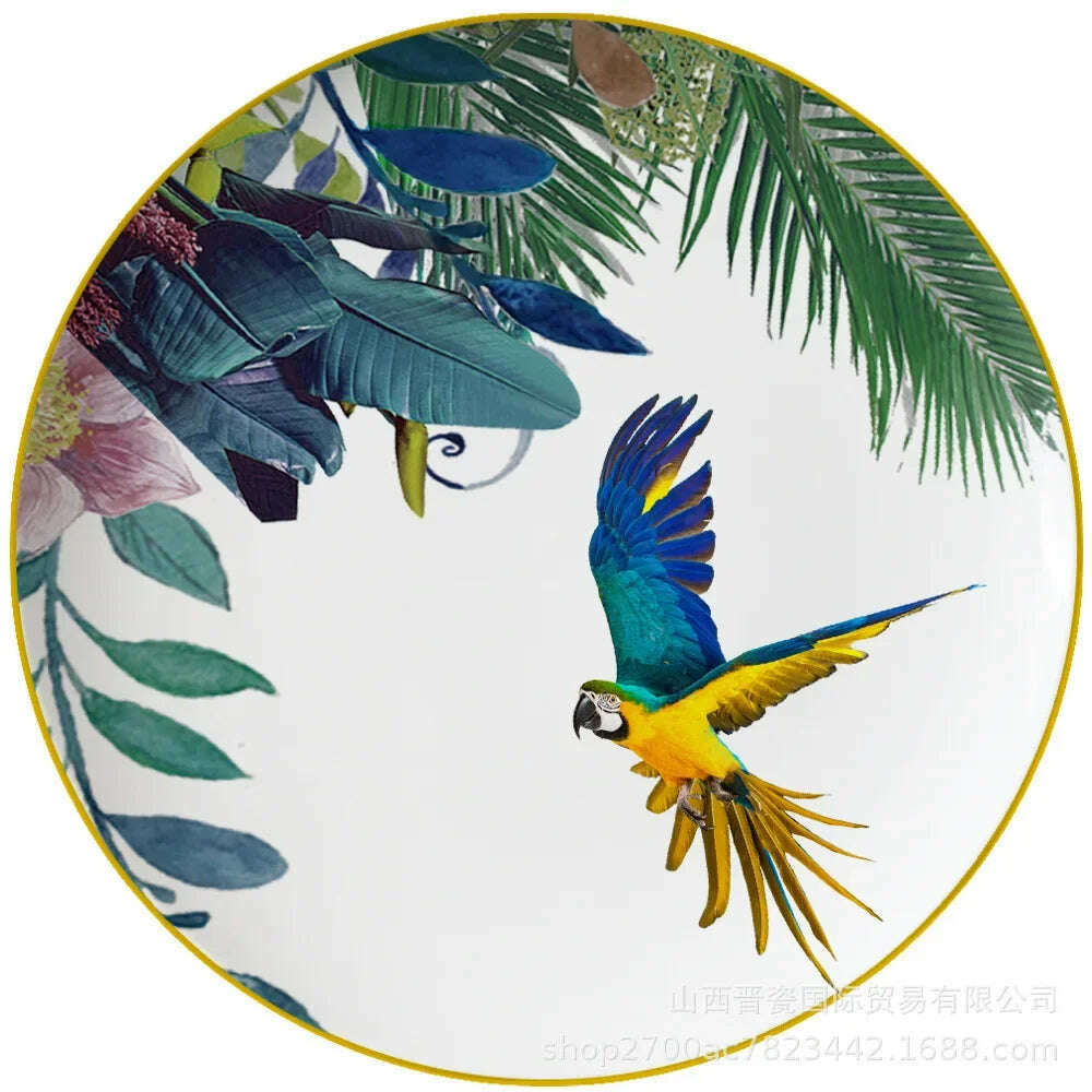 KIMLUD, New Parrot Bone China Tableware Set Pastoral Phnom Penh Western Food Plate Household Bowl Coffee Cup Pratos Para Jantar Kitchen., KIMLUD Womens Clothes