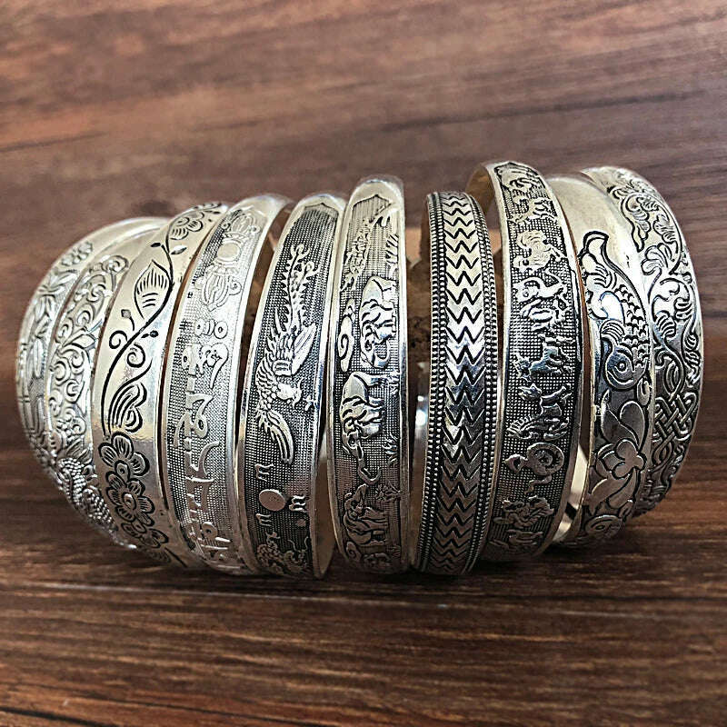 New Retro Cuff Bracelets Tibetan Silver Metal Carving Fish Elephant Flower Bangles Vintage Gypsy Jewelry Female Gifts - KIMLUD