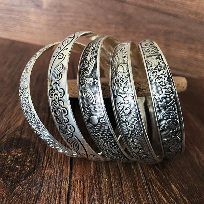 KIMLUD, New Retro Cuff Bracelets Tibetan Silver Metal Carving Fish Elephant Flower Bangles Vintage Gypsy Jewelry Female Gifts, KIMLUD Womens Clothes