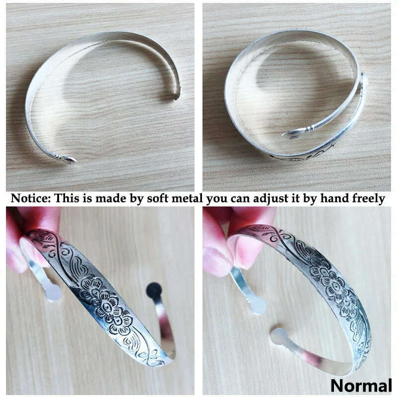 New Retro Cuff Bracelets Tibetan Silver Metal Carving Fish Elephant Flower Bangles Vintage Gypsy Jewelry Female Gifts - KIMLUD