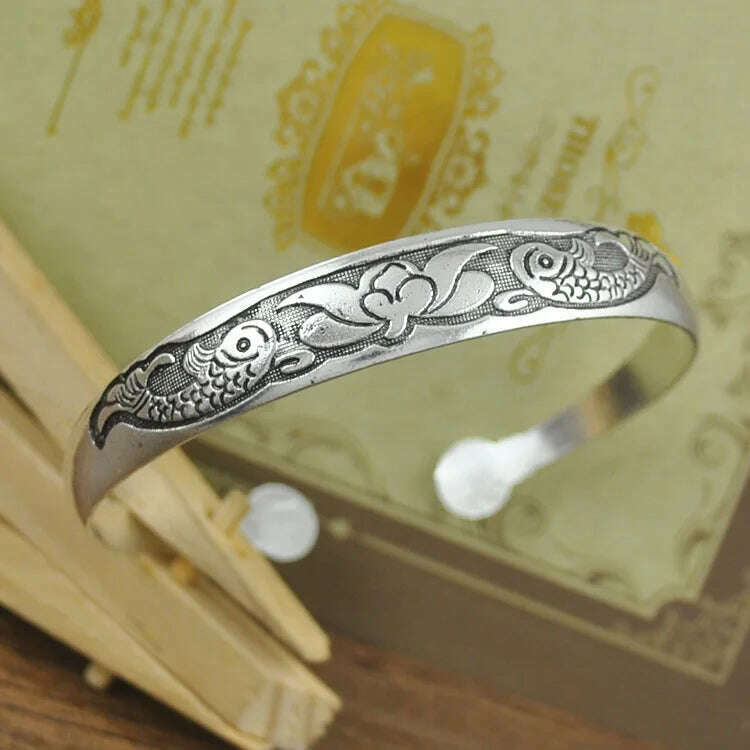 New Retro Cuff Bracelets Tibetan Silver Metal Carving Fish Elephant Flower Bangles Vintage Gypsy Jewelry Female Gifts - KIMLUD