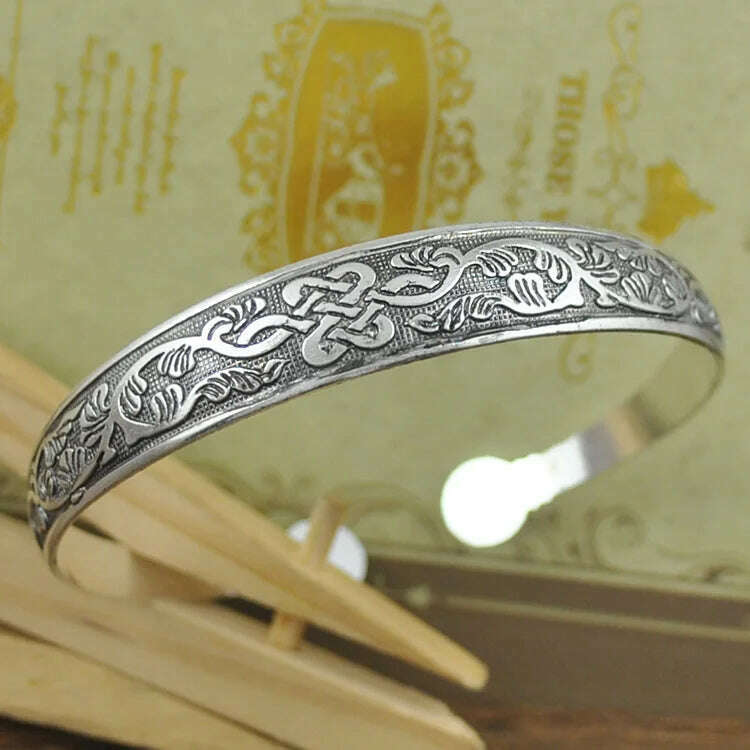 New Retro Cuff Bracelets Tibetan Silver Metal Carving Fish Elephant Flower Bangles Vintage Gypsy Jewelry Female Gifts - KIMLUD