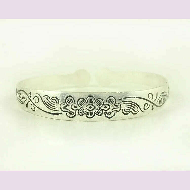 KIMLUD, New Retro Cuff Bracelets Tibetan Silver Metal Carving Fish Elephant Flower Bangles Vintage Gypsy Jewelry Female Gifts, Flower, KIMLUD APPAREL - Womens Clothes