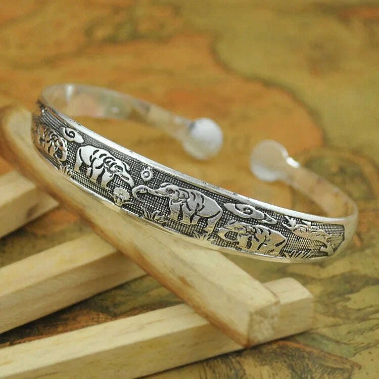 New Retro Cuff Bracelets Tibetan Silver Metal Carving Fish Elephant Flower Bangles Vintage Gypsy Jewelry Female Gifts - KIMLUD