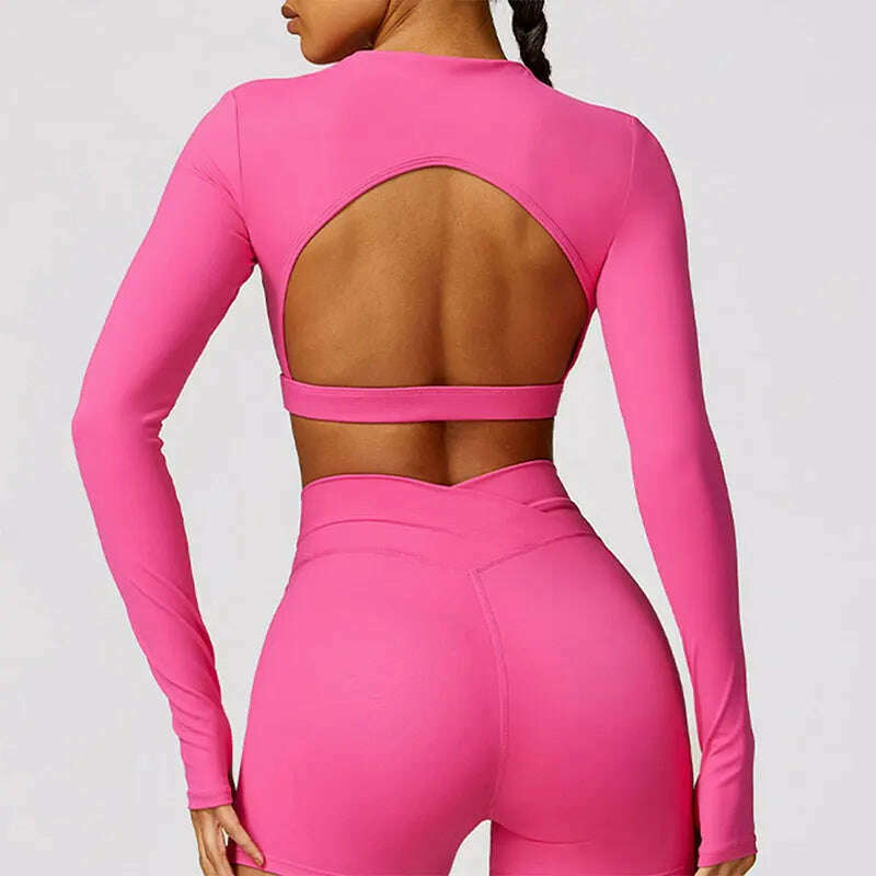 KIMLUD, New Sexy Backless Gym Top Women Fitness Crop Yop Quick Dry Sportswear Women Workout Top Long Sleeve Yoga Clothes With chest pads, KIMLUD Womens Clothes